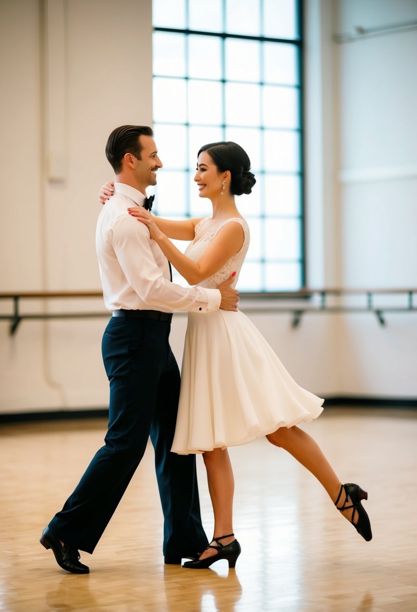 A couple gracefully waltzing in a spacious, sunlit dance studio