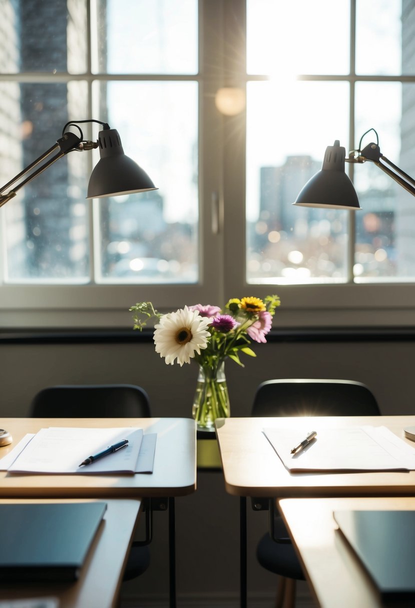 Two desks facing each other, with a pen and paper on each. A vase of flowers sits in the middle. Sunlight streams through the window