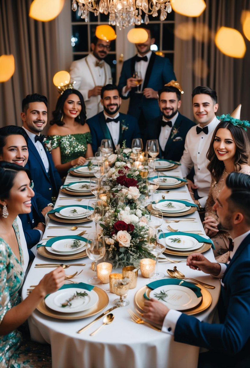 A beautifully set table with elegant place settings, surrounded by close friends dressed in themed attire, enjoying a festive and celebratory atmosphere