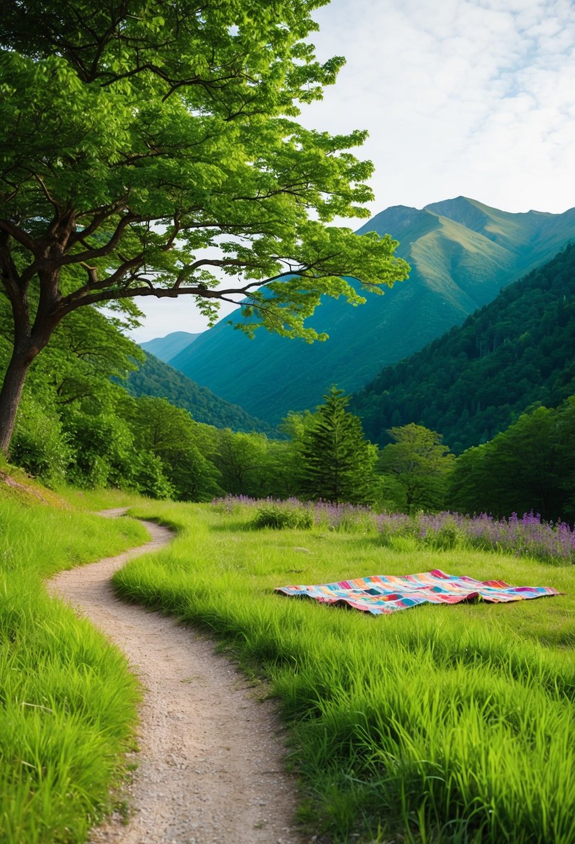 A winding trail leads through lush green mountains to a tranquil clearing, where a colorful picnic blanket is spread out under the shade of a towering tree