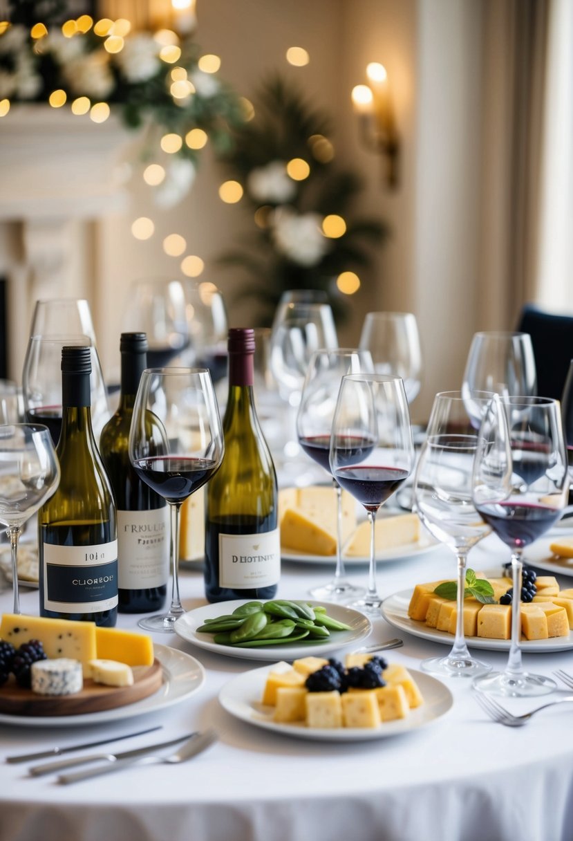 A table set with various wine glasses, bottles, and cheese platters, surrounded by elegant decor and soft lighting