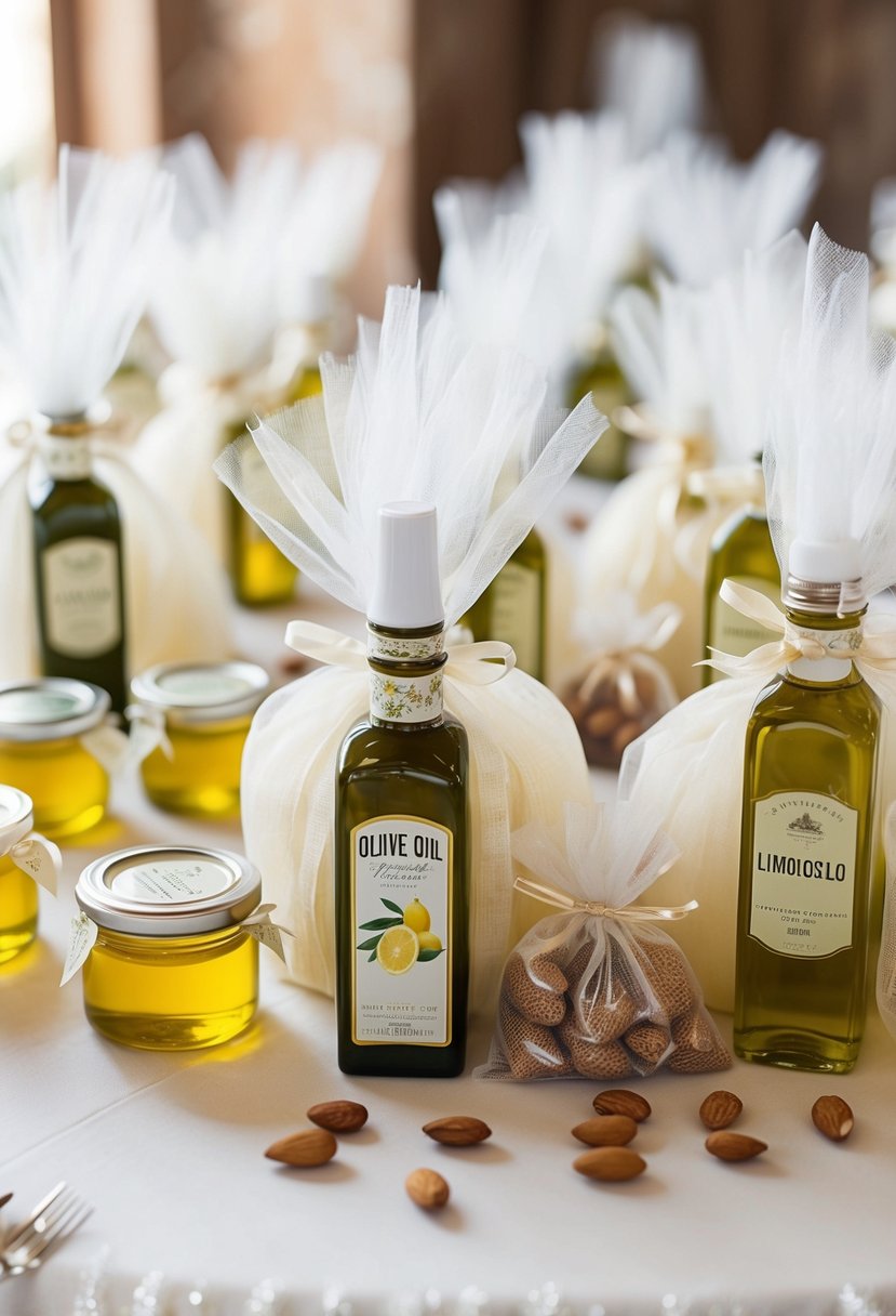 A table adorned with small jars of olive oil, bottles of limoncello, and bags of almond confetti, all wrapped in delicate tulle and ribbons