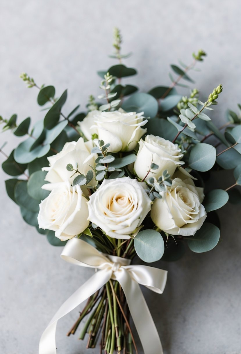 A delicate bouquet of white roses and eucalyptus tied with a satin ribbon