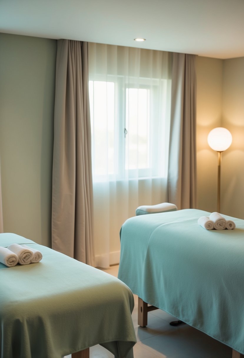 A serene spa room with two massage tables, soft lighting, and a tranquil atmosphere for a couple's spa day