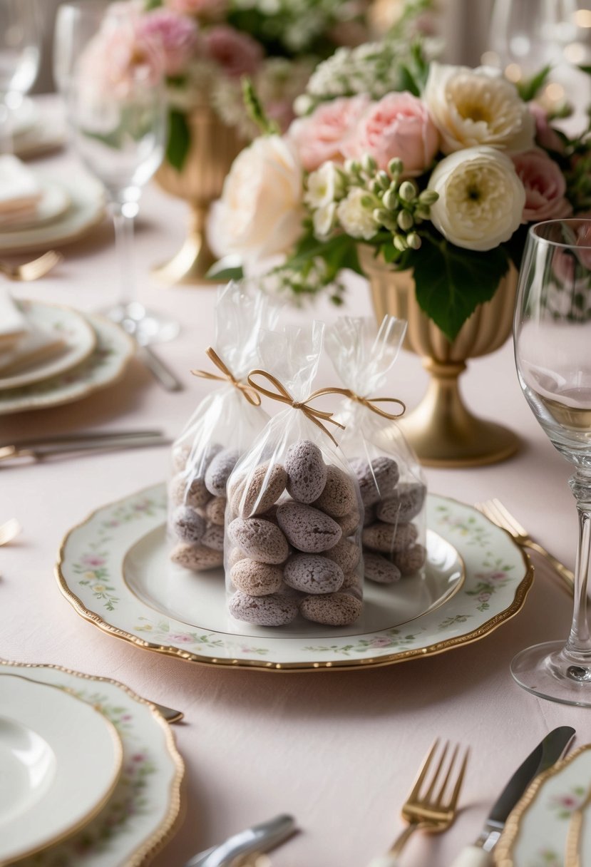 A table adorned with sugared almonds in delicate packaging, surrounded by floral decorations and elegant place settings