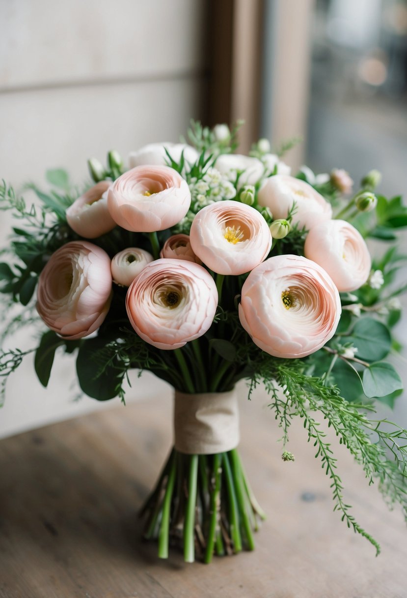 A cluster of blush ranunculus surrounded by delicate greenery, creating a simple and elegant wedding bouquet