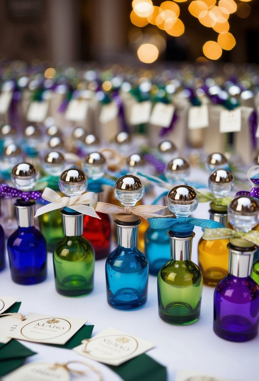 A display of colorful Murano glass bottle stoppers arranged on a table with decorative ribbons and tags, ready to be given as Italian wedding favors