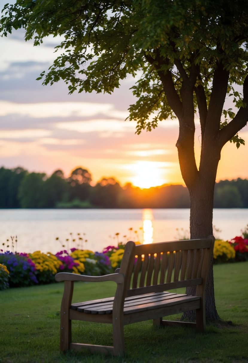 A serene lakeside with a wooden bench under a tree, surrounded by colorful flowers and a beautiful sunset in the background