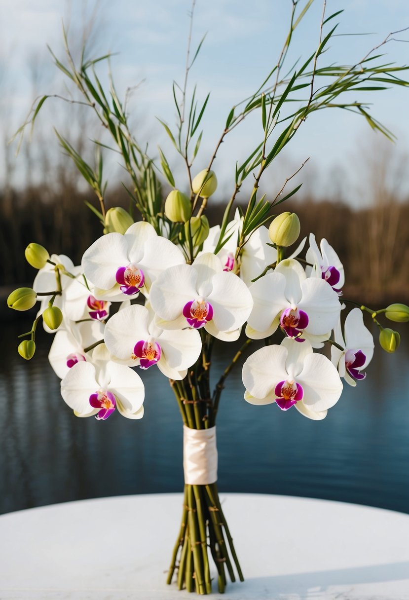 A delicate bouquet of orchids and willow branches, arranged in a simple and elegant manner for a wedding