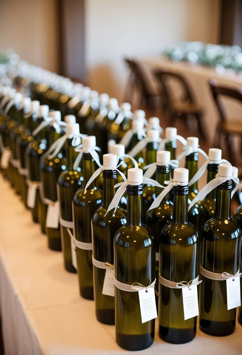 A table with rows of olive oil bottles, adorned with ribbons and delicate tags, arranged as Italian wedding favors