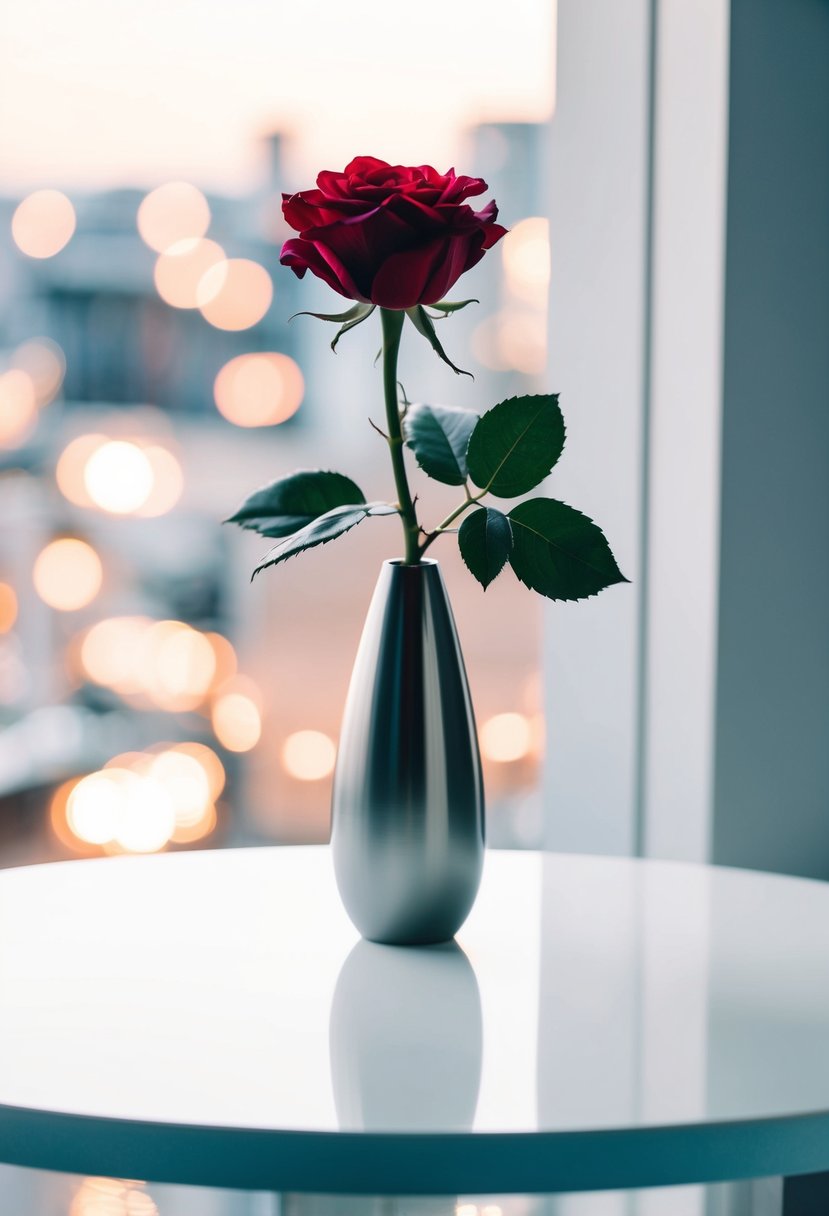 A single stem rose in a sleek, modern vase on a clean, white table