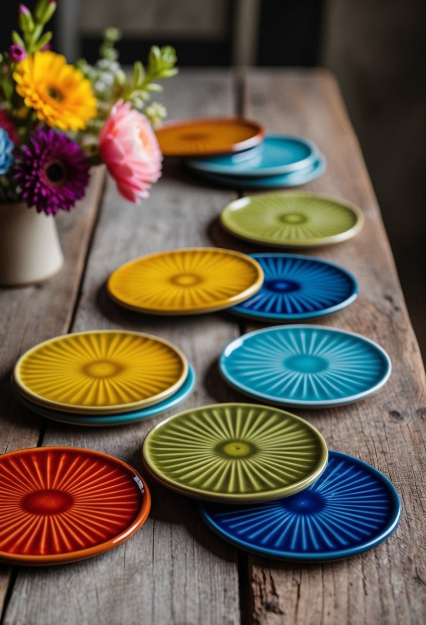 Colorful Italian ceramic coasters arranged on a rustic table with floral accents