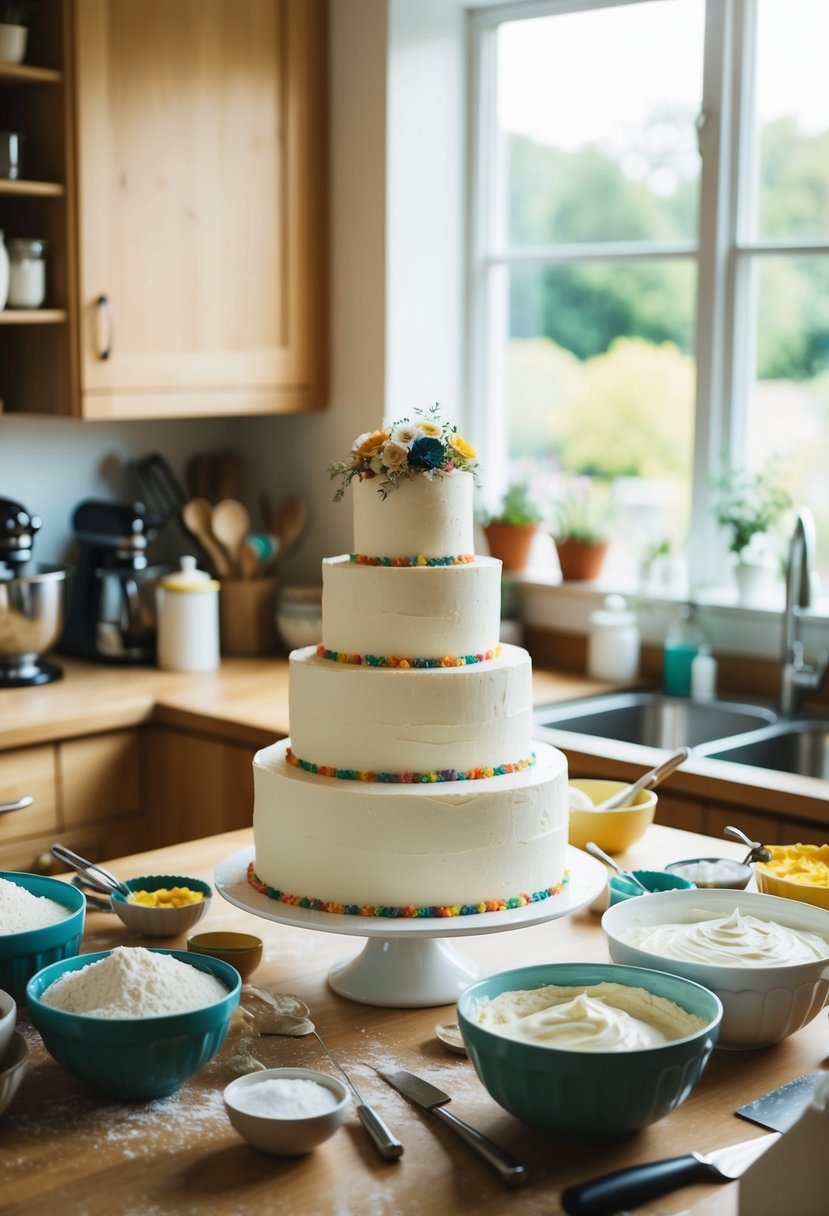 A cozy kitchen filled with flour, sugar, and mixing bowls. A tiered wedding cake takes shape on the counter, surrounded by colorful frosting and decorative tools