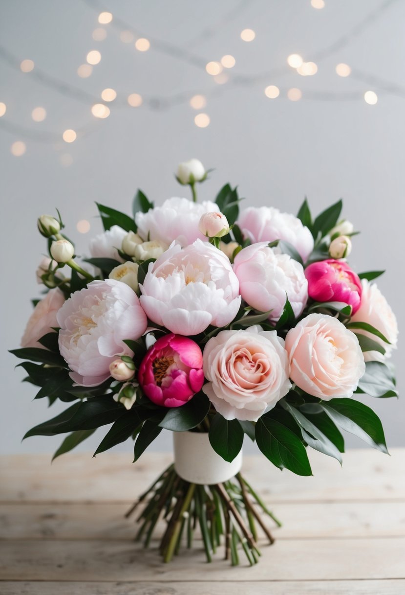 A bouquet of peonies and roses arranged in a simple and elegant manner