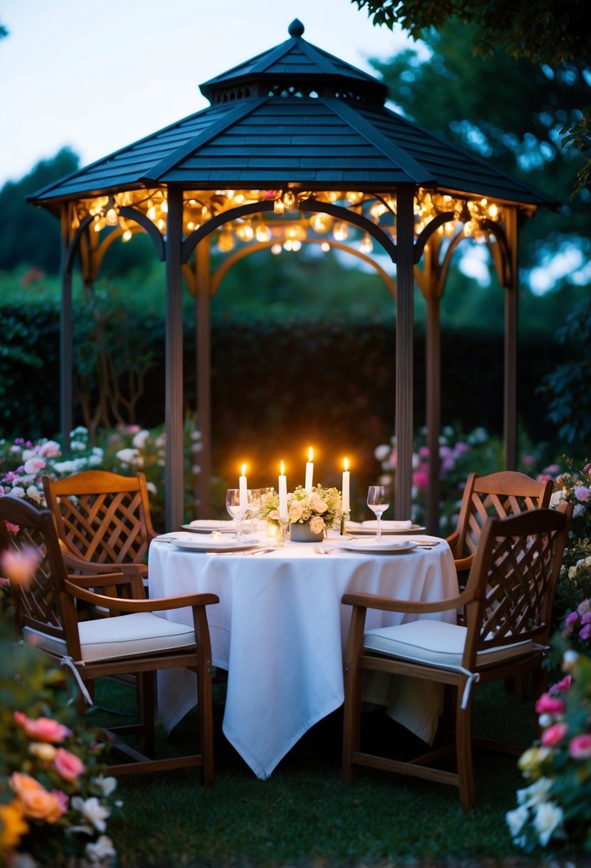 A candlelit dinner for two in a cozy, flower-filled garden gazebo