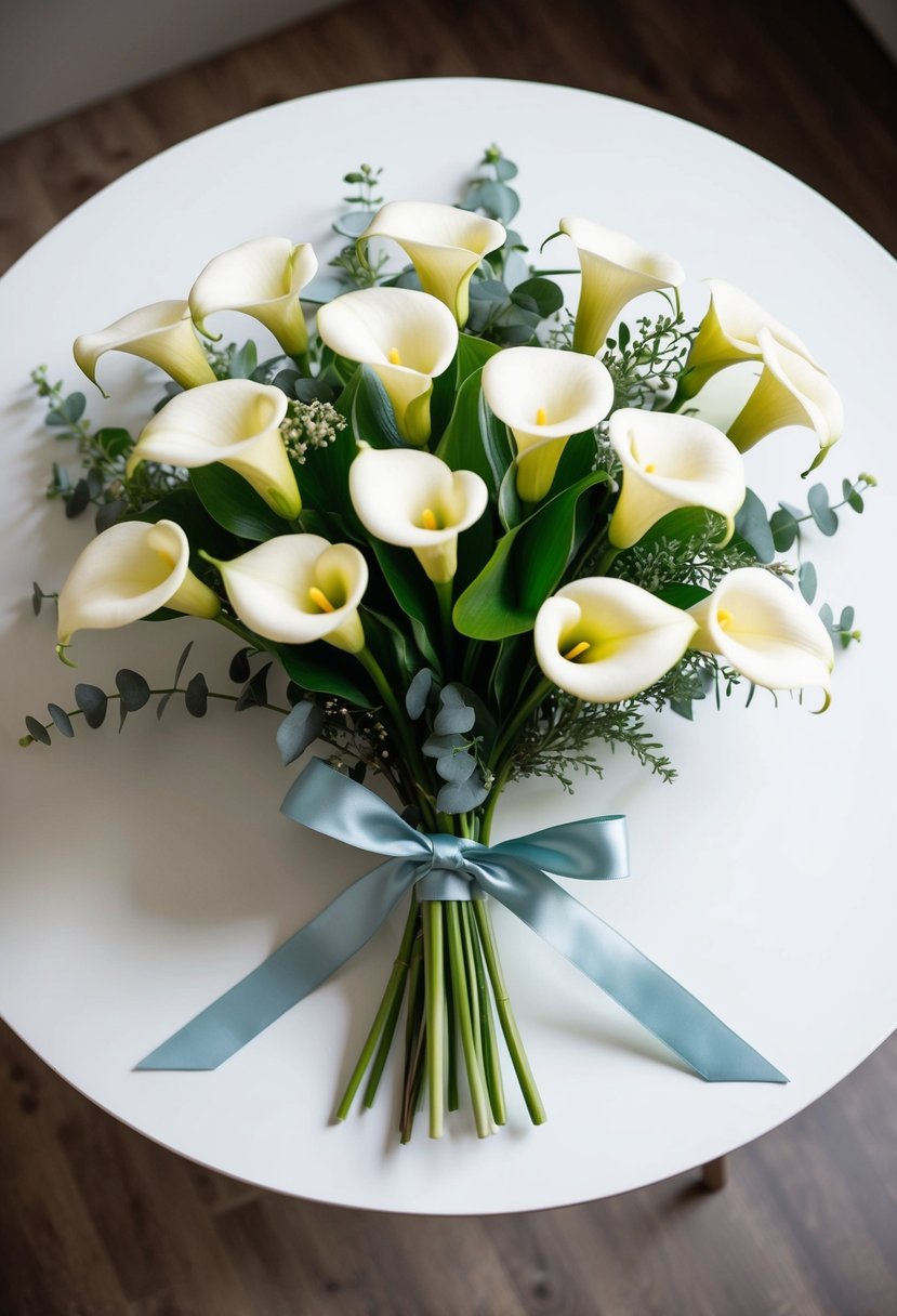 A delicate arrangement of calla lilies and greenery, bound together with a ribbon, sits on a clean, white table