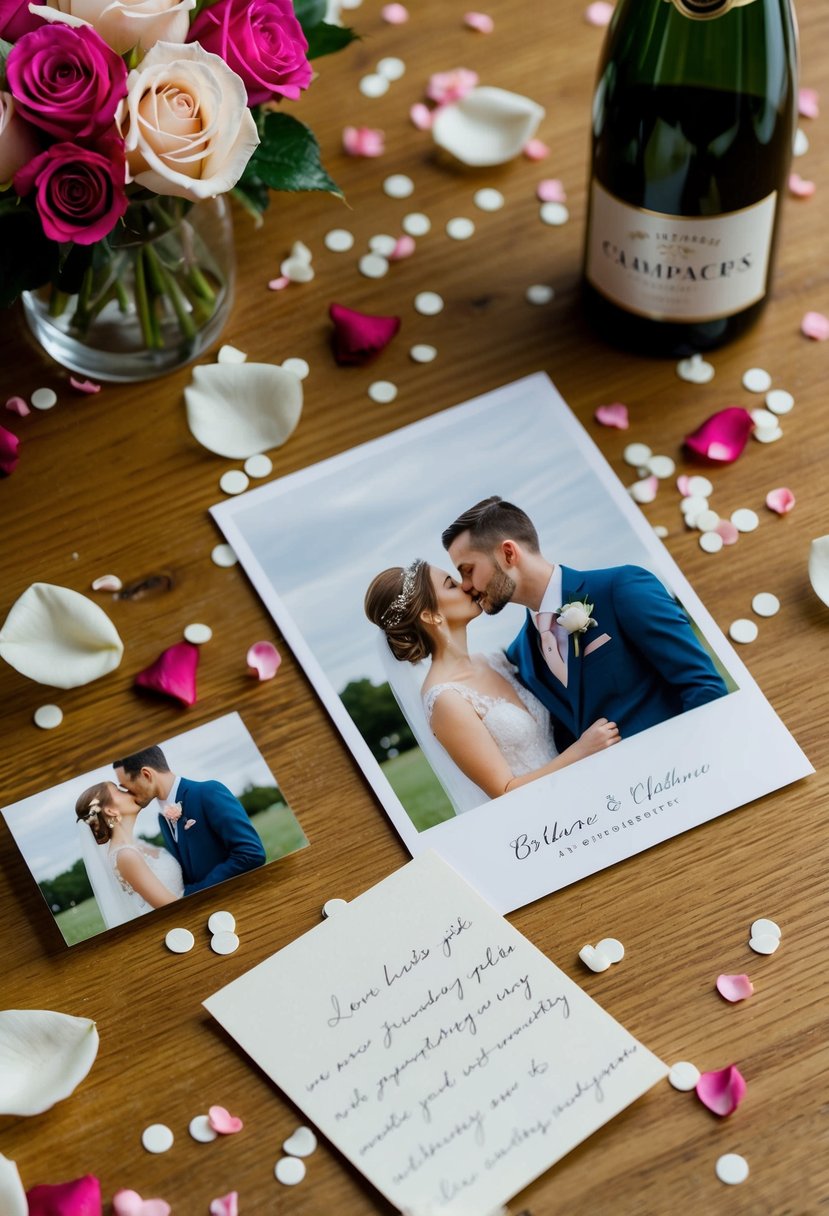 A couple's wedding photos, a champagne bottle, and a handwritten love note surrounded by rose petals and confetti on a wooden table