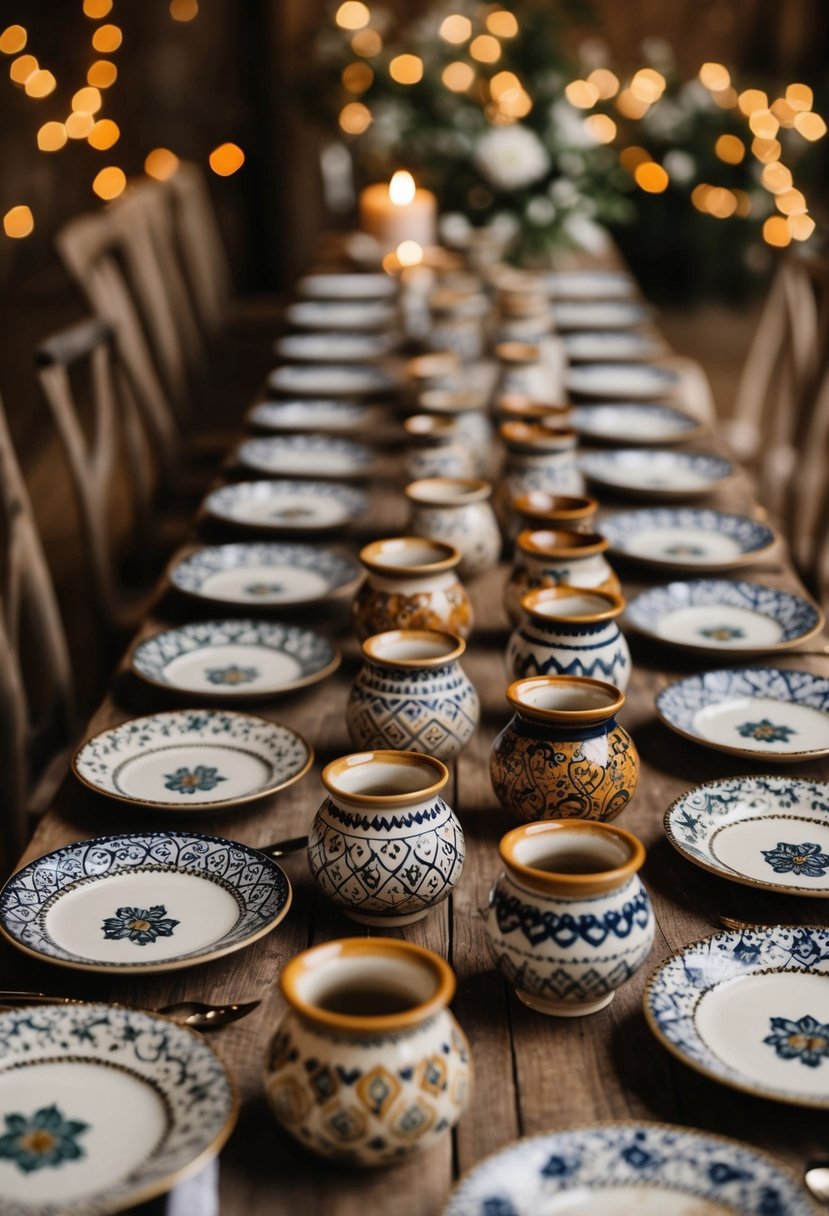 A rustic table displays an array of handcrafted Italian pottery wedding favors, each adorned with intricate patterns and delicate details