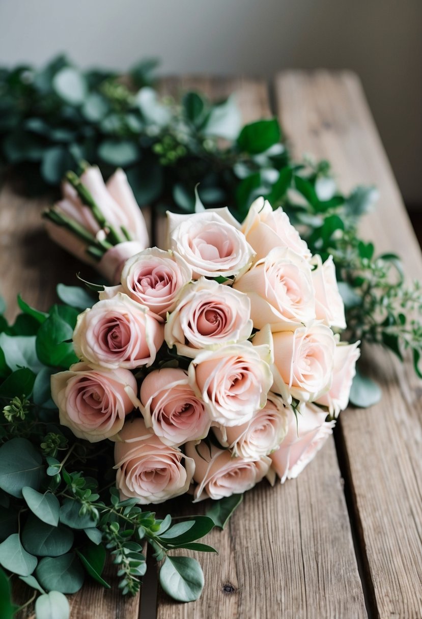 A delicate pastel-hued rose bouquet sits on a rustic wooden table, surrounded by lush greenery and soft, natural light