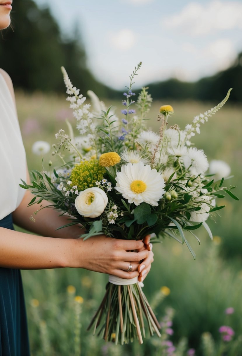 A delicate bouquet of wildflowers, featuring organic designs and simple, elegant arrangements, perfect for a wedding