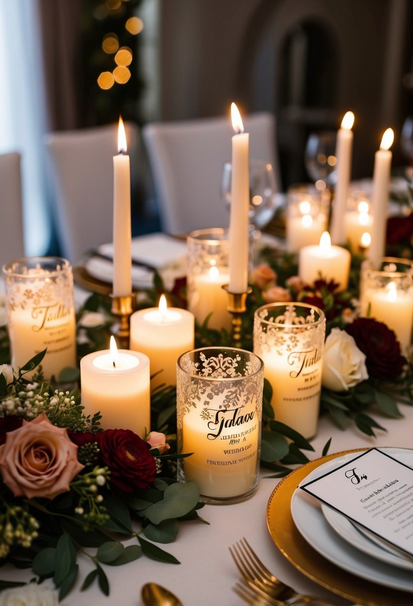 A table adorned with personalized candles and floral arrangements for Italian wedding favors