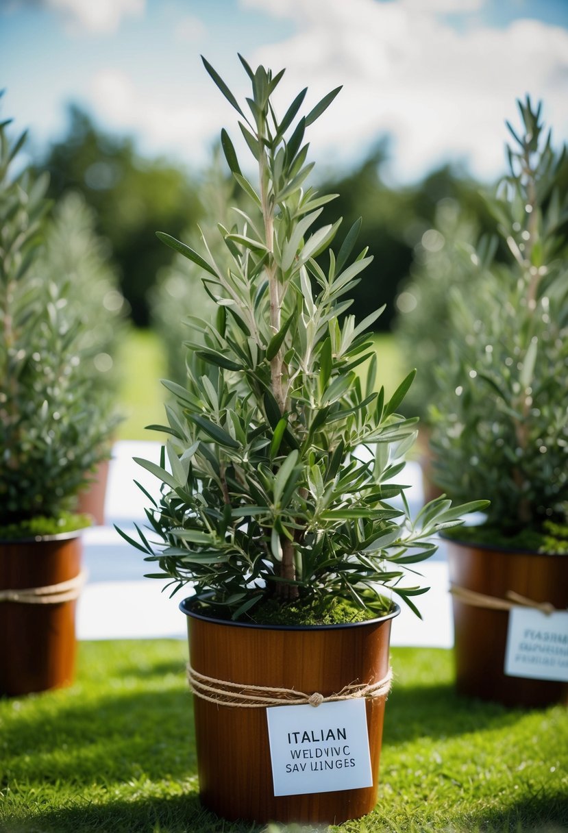 Lush olive tree saplings arranged as Italian wedding favors