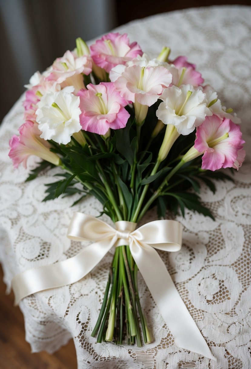 A delicate bouquet of soft pink and white lisianthus, tied with a satin ribbon, resting on a vintage lace tablecloth