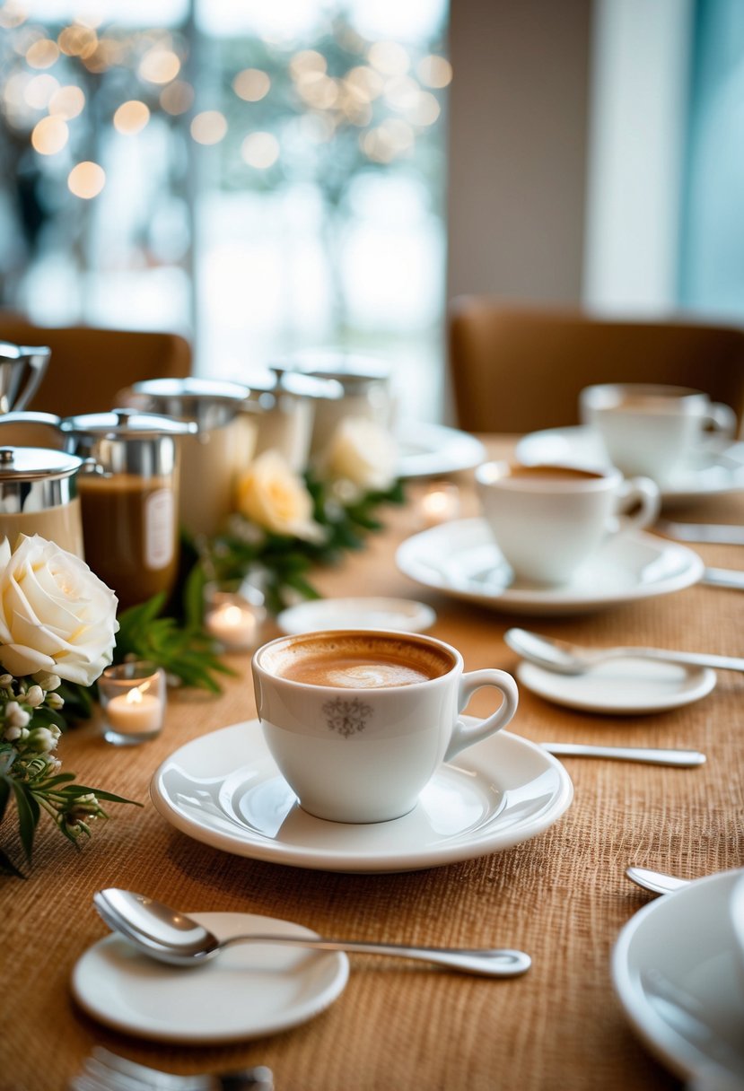 A table adorned with espresso sets, surrounded by Italian wedding favors