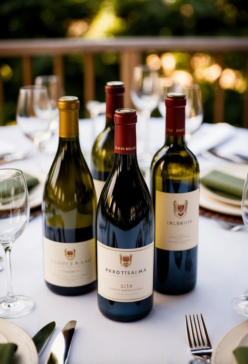 A table adorned with wine bottles, a rustic Italian wedding favor idea