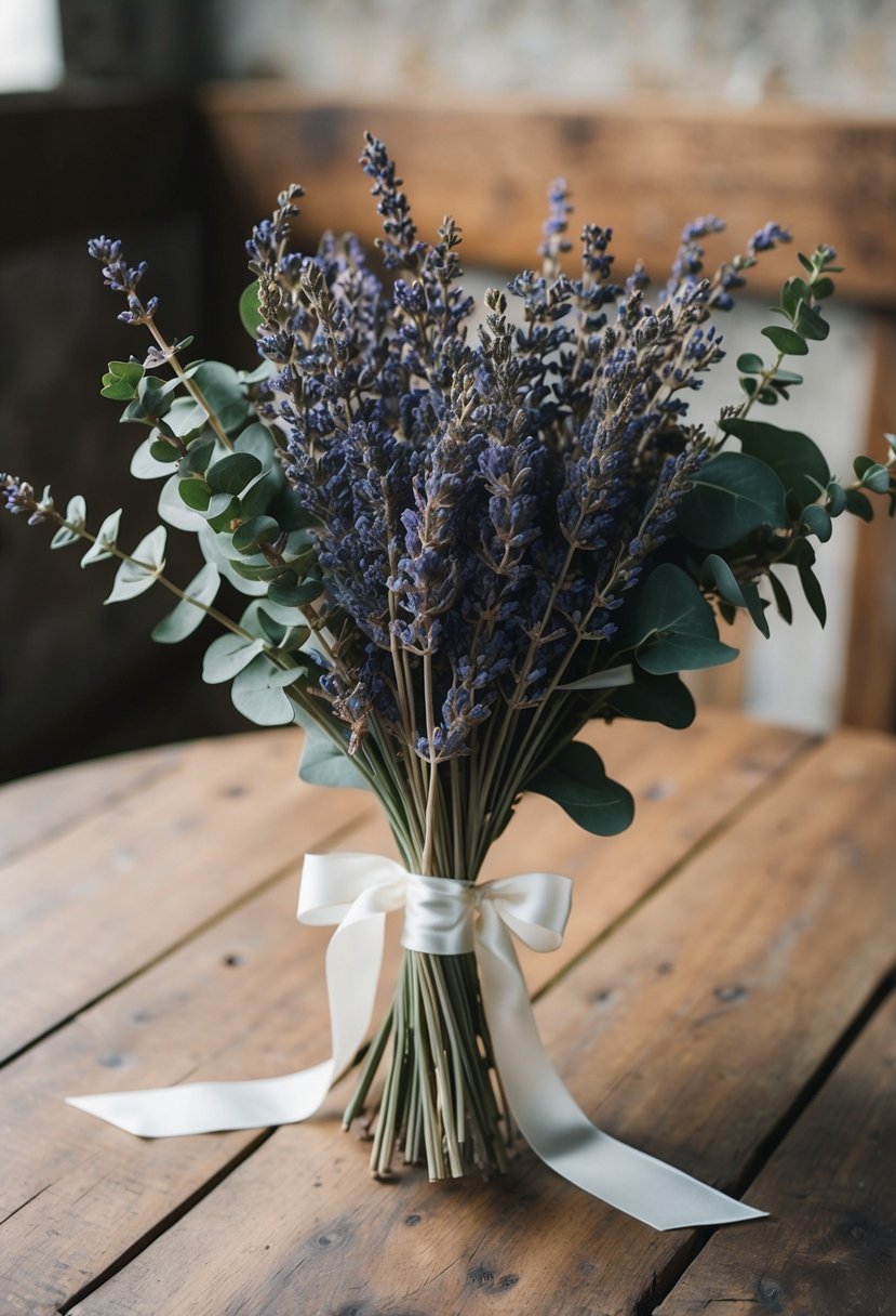 A simple, elegant wedding bouquet of dried lavender and eucalyptus, tied with a delicate ribbon, resting on a rustic wooden table