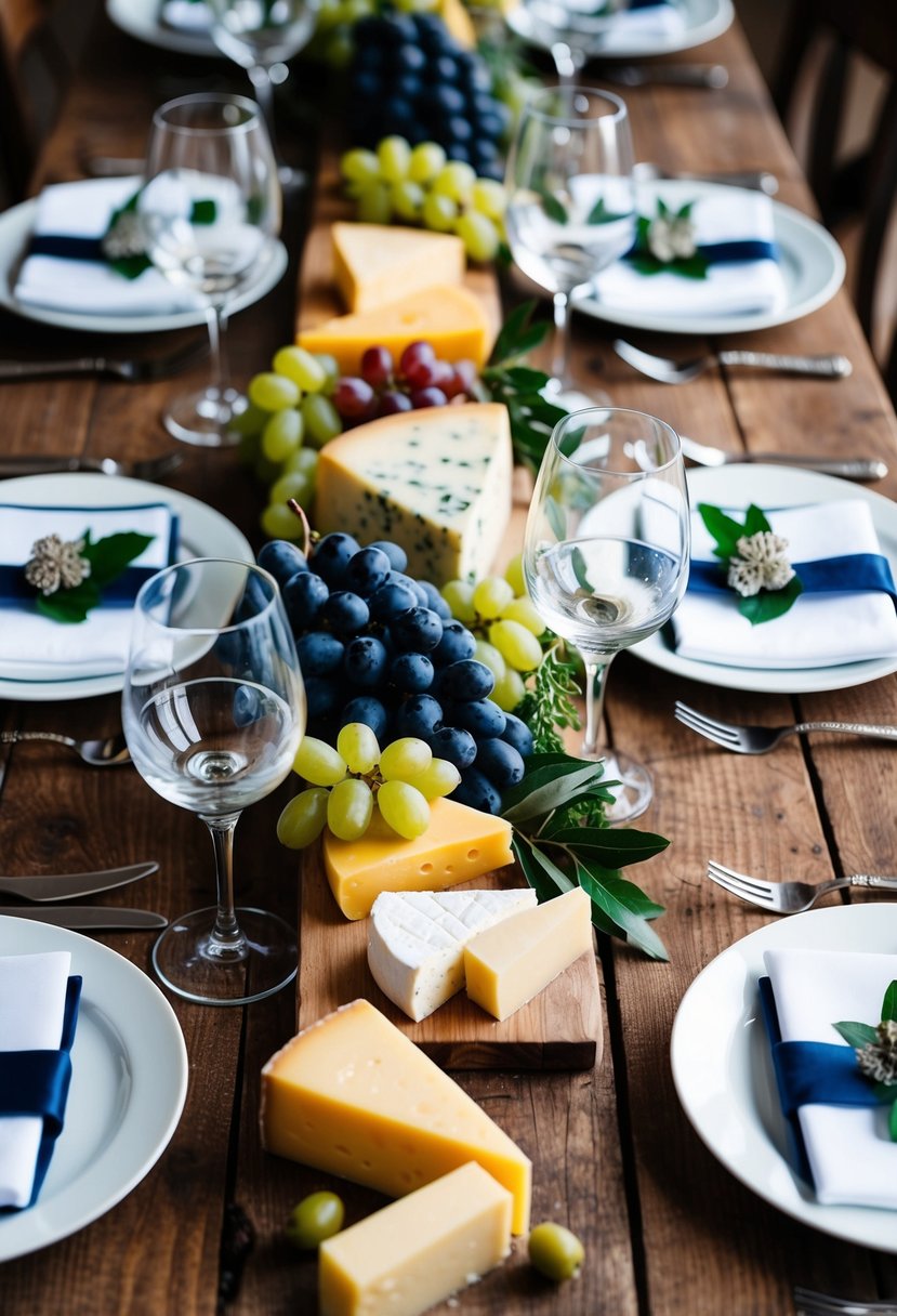 A rustic wooden table adorned with assorted cheeses, grapes, and olives, accompanied by elegant wine glasses and decorative Italian wedding favors