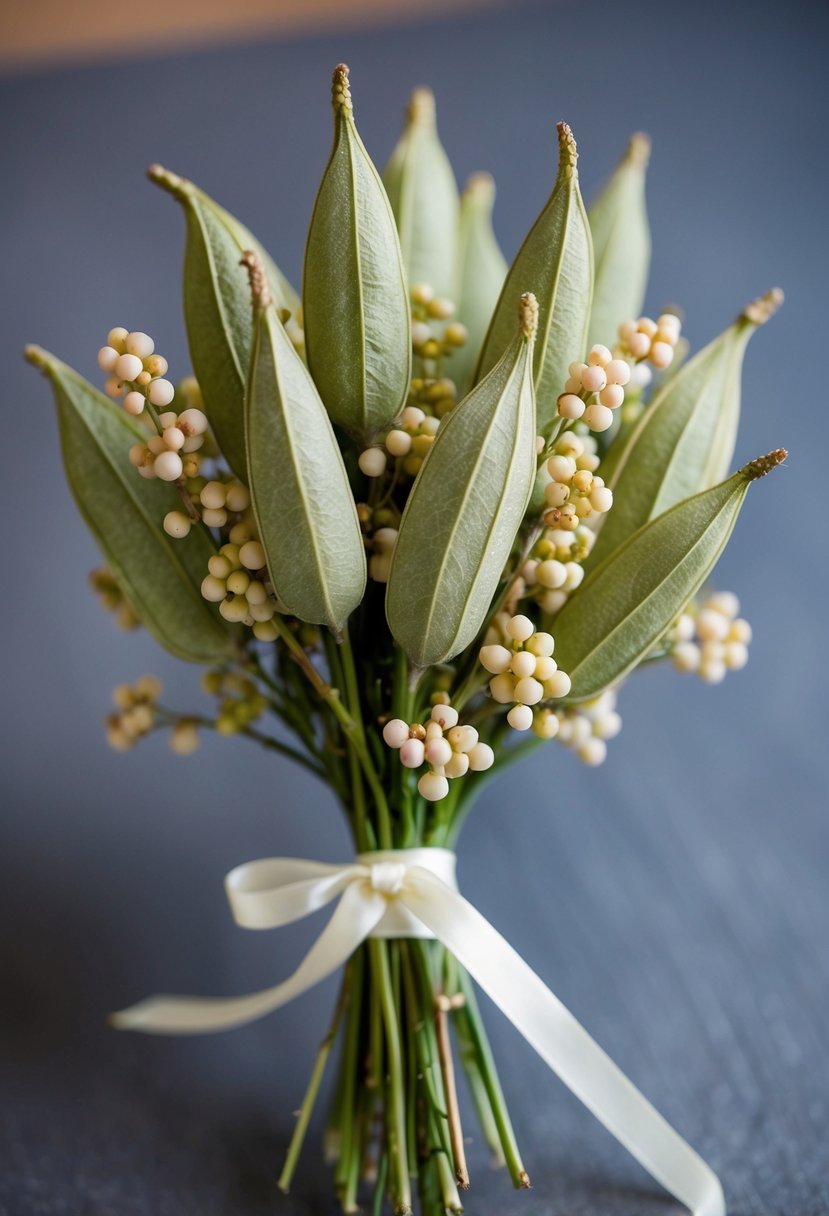 A delicate bouquet of scabiosa pods and soft berries, tied with a simple ribbon