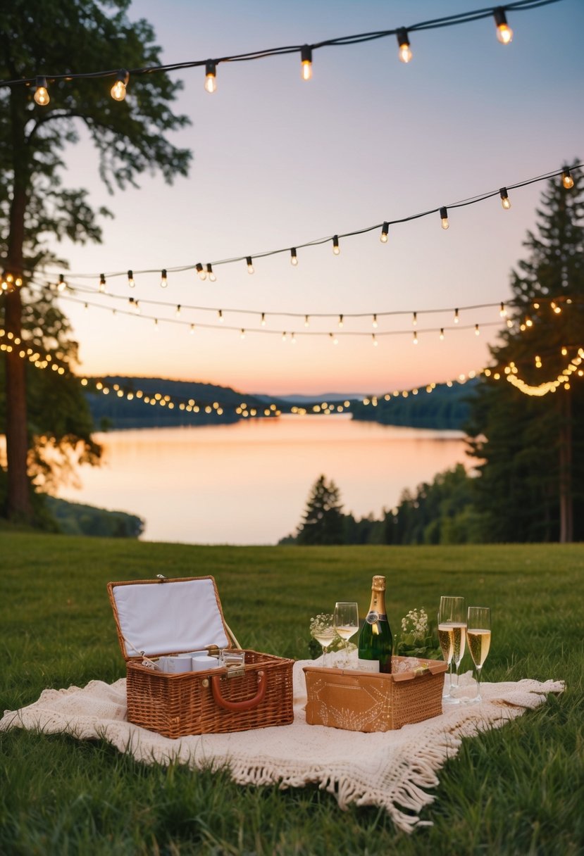 A cozy picnic set up on a grassy hill with a view of a sunset over a serene lake, surrounded by twinkling string lights and a bottle of champagne on ice