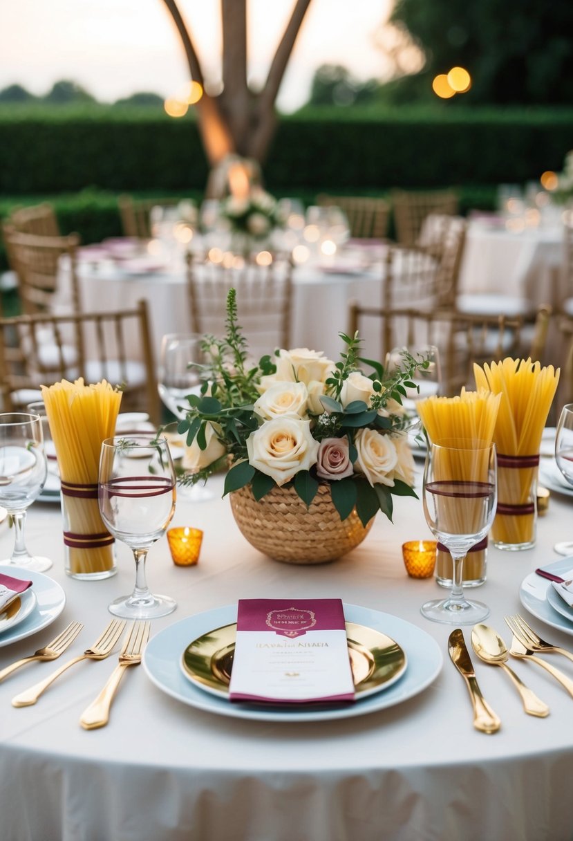 A table set with pasta servers, Italian wedding favors, and decorative elements