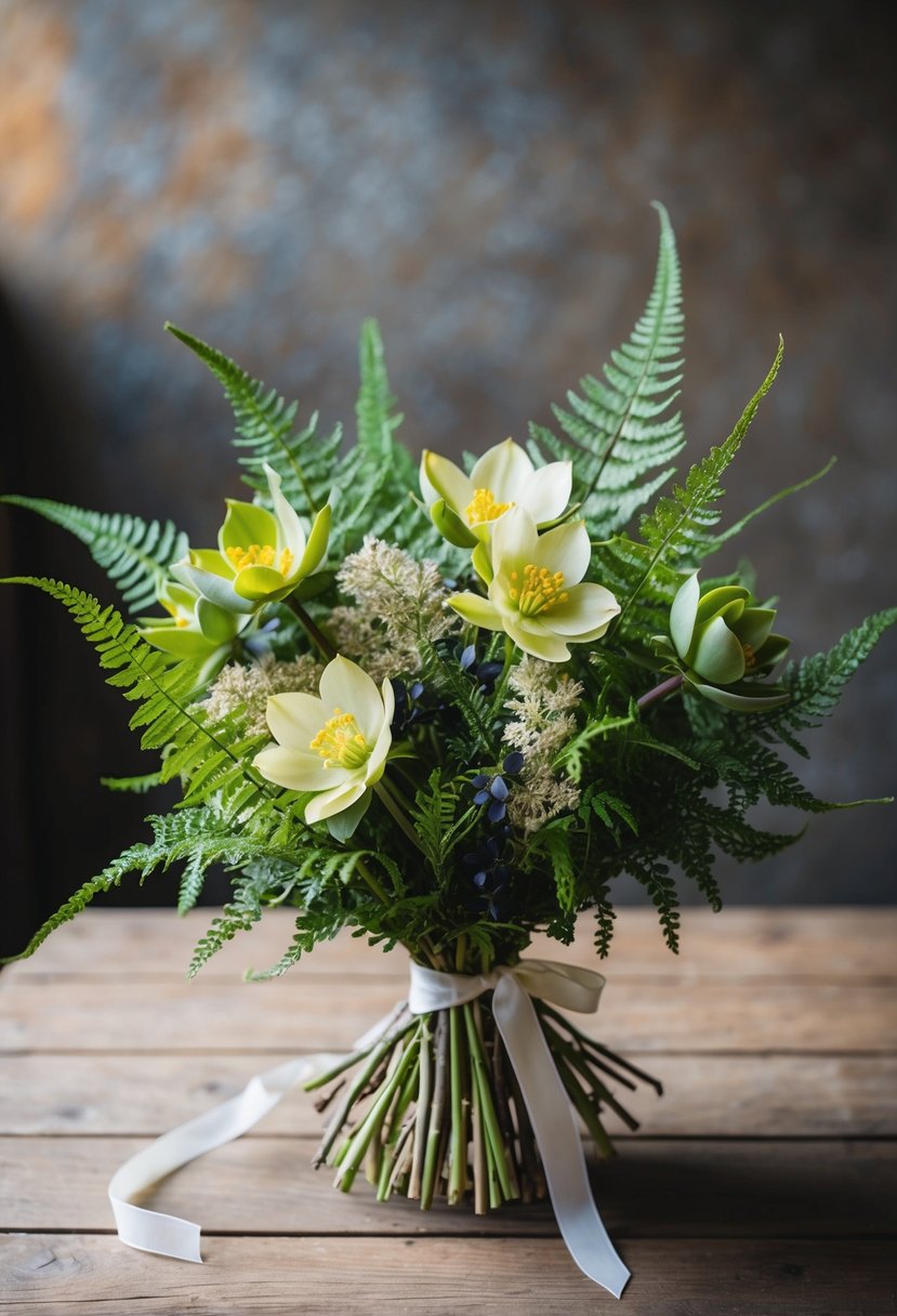 A delicate bouquet of hellebores and mixed ferns, tied with a simple ribbon, sits on a rustic wooden table