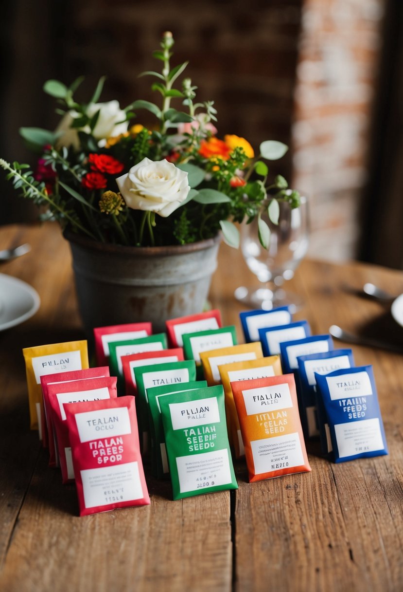 Colorful Italian seed packets arranged as wedding favors on a rustic table