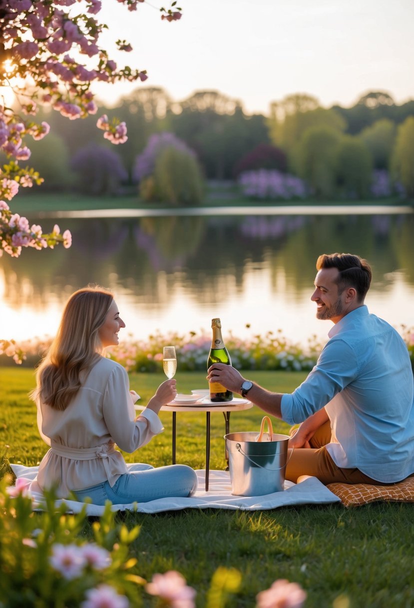 A couple picnicking in a park at sunset, surrounded by blooming flowers and a serene lake, with a small table set for two and a bottle of champagne chilling in a bucket