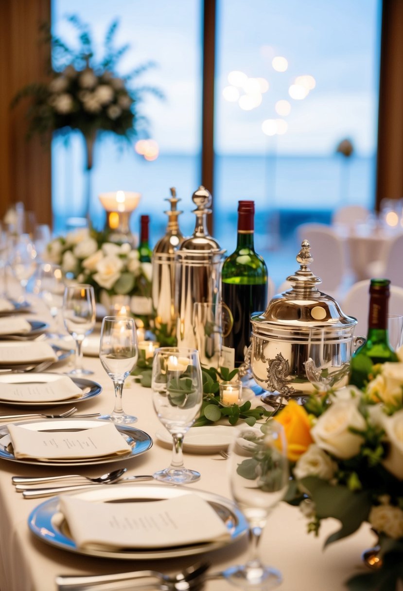 A table set with elegant Italian barware, adorned with wedding favors and decorations