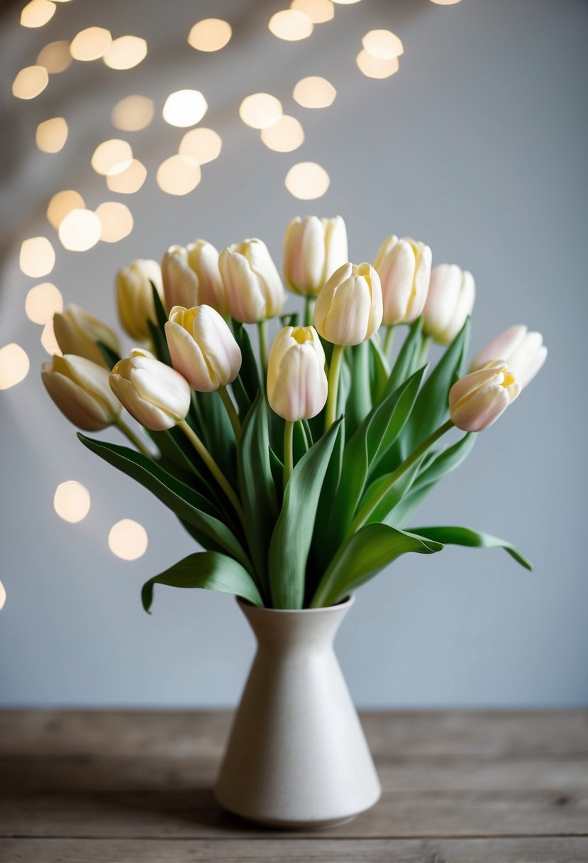 A neutral-toned tulip bouquet sits elegantly in a simple vase, perfect for a wedding