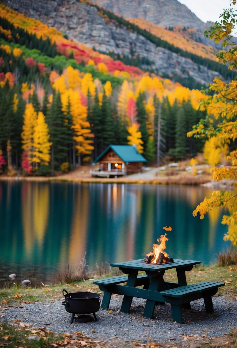 A cozy cabin nestled in the mountains, surrounded by colorful autumn foliage and a serene lake, with a crackling fire pit and a picnic table set for two