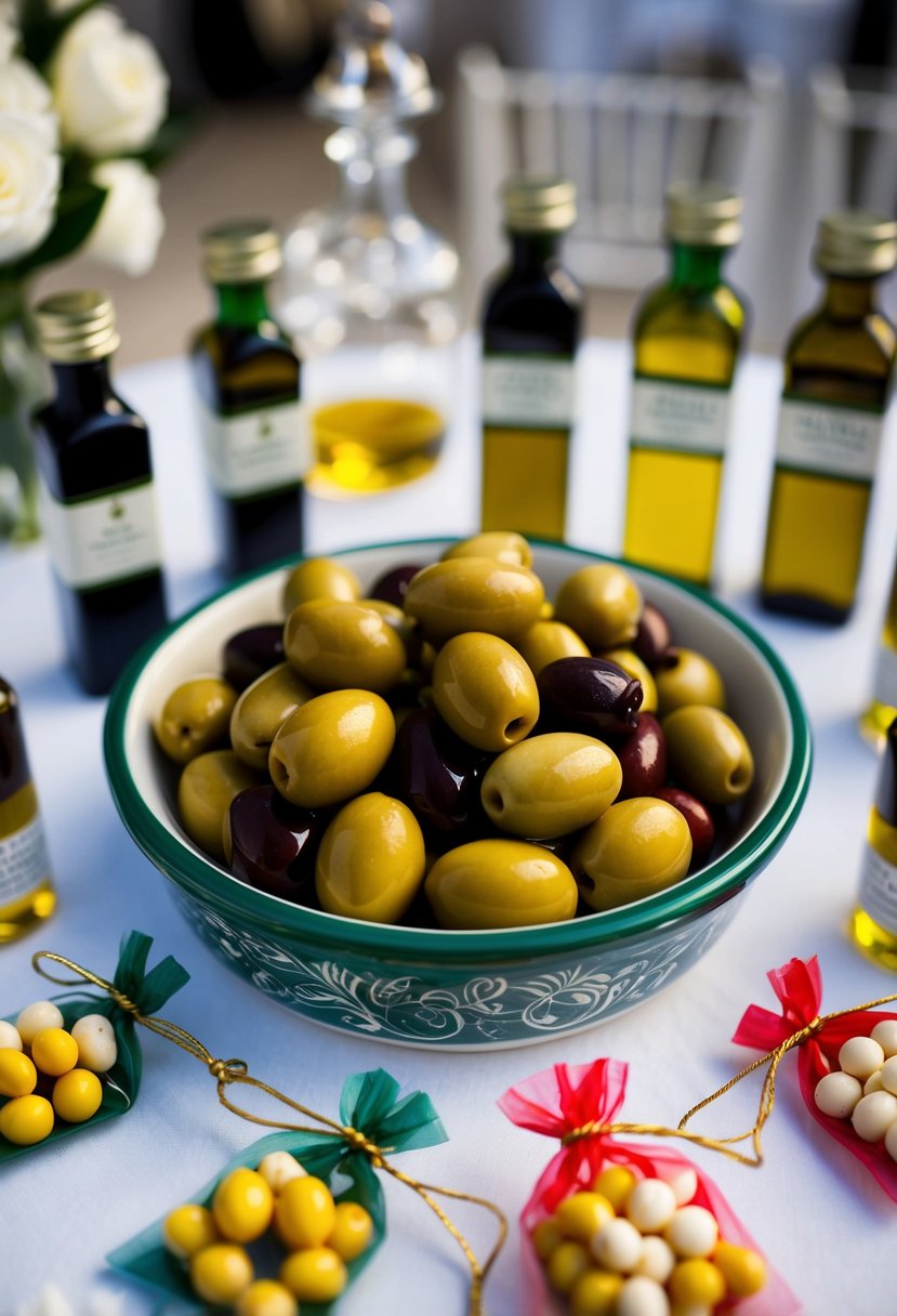 A ceramic olive dish filled with olives, surrounded by Italian wedding favors like mini bottles of olive oil and balsamic vinegar, and small bags of Italian candies