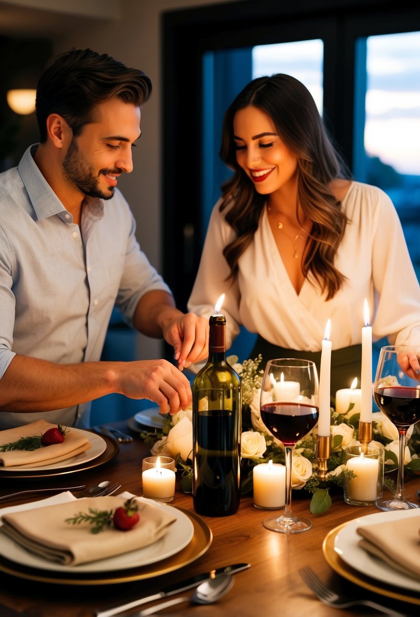 A couple prepares a romantic dinner together, surrounded by candles, wine, and a beautifully set table