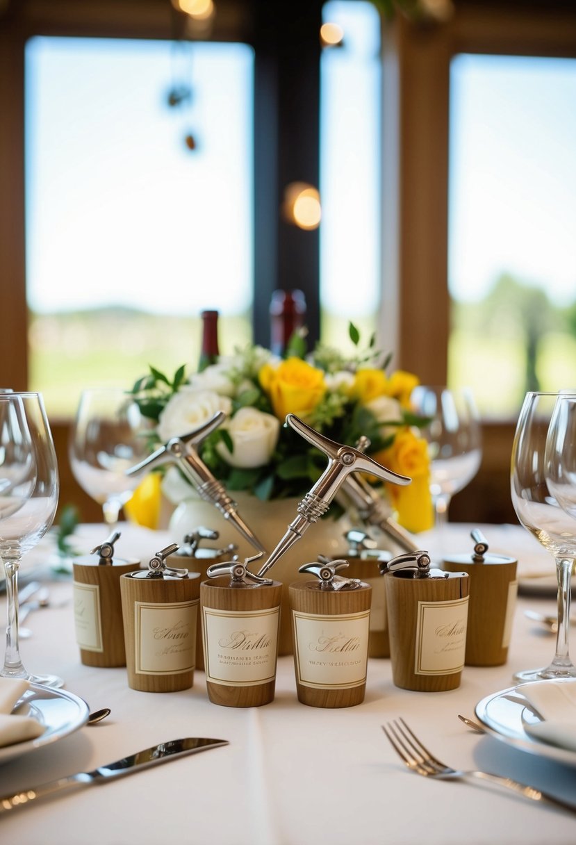 A table adorned with wine corkscrews and Italian wedding favors