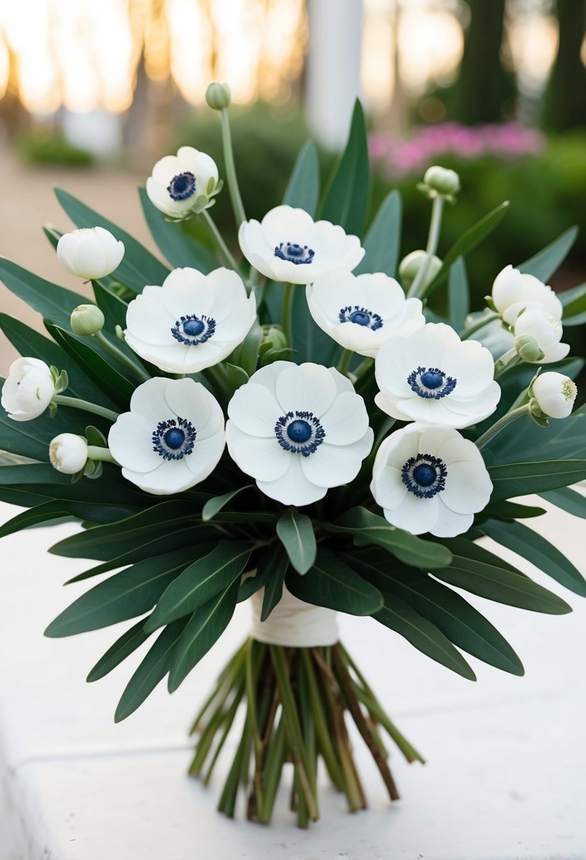 A bouquet of white anemones and olive leaves arranged in a simple and elegant manner