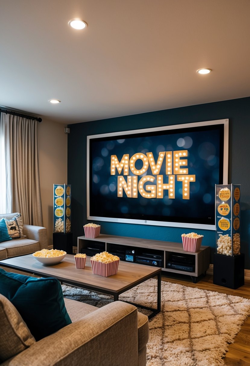 A cozy living room with a large screen, popcorn, and movie-themed decorations for a 5th wedding anniversary movie night