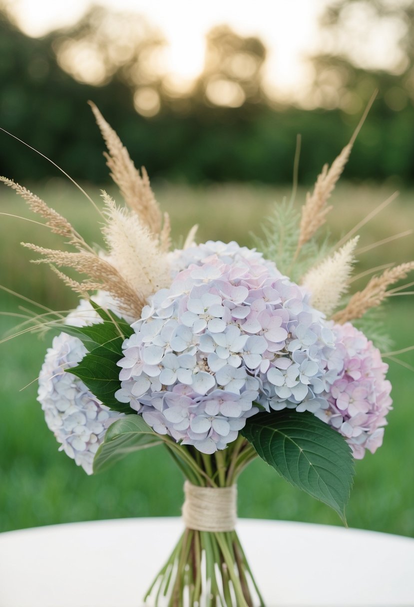 A delicate hydrangea bouquet with wild grass accents