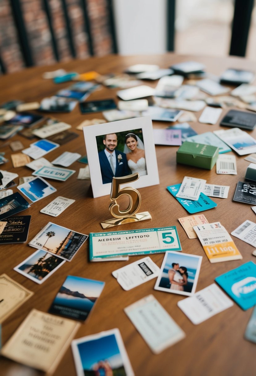 A table scattered with photos, ticket stubs, and mementos from a couple's travels. A wedding photo and a small "5" decoration sit at the center