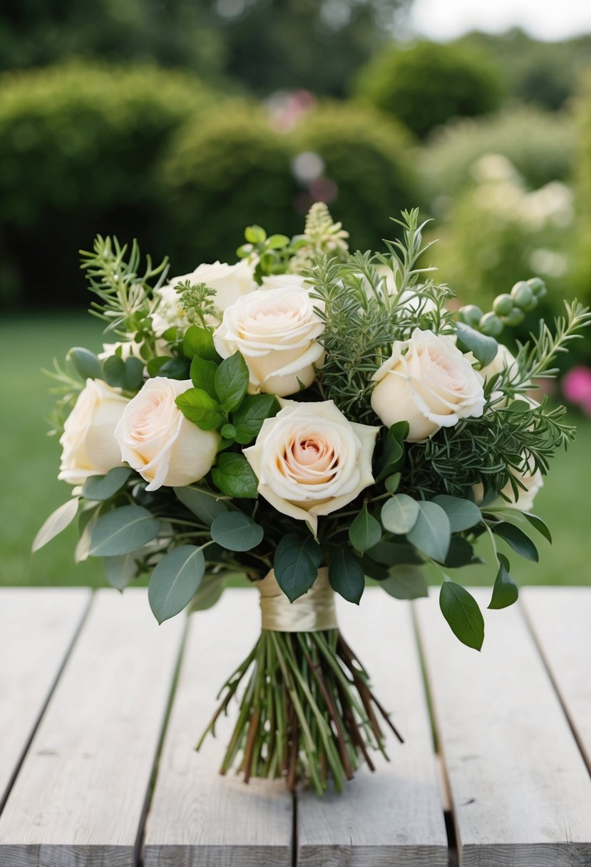 A bouquet of garden roses and fresh herbs, arranged in a simple and elegant manner for a wedding