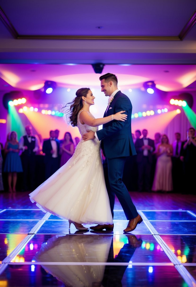 A couple twirls across a mirrored dance floor, surrounded by colorful lights and music