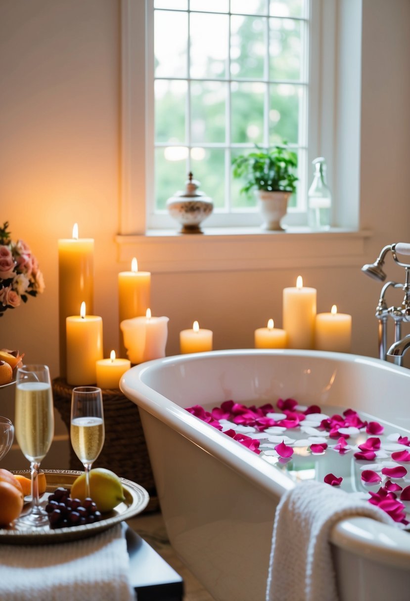 A serene bathroom with candles, soft towels, and a bath filled with rose petals and essential oils. A tray of fruits and a glass of champagne sit nearby